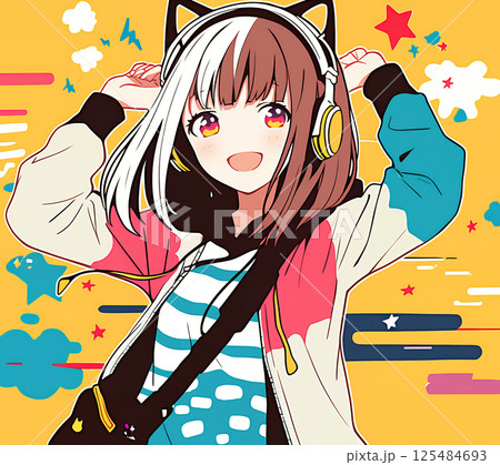 ヘッドホンで音楽を聴く女の子 125484693