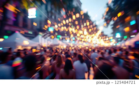 A blurred perspective of a packed city street during an energetic festival, highlighting people reveling in the ambiance A blurred perspective of a packed city street during an energetic festival, highlighting people reveling in the ambiance 125484721