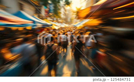 Blurred crowd of festival-goers walking through a lively city street filled with excitement and energy 125484731