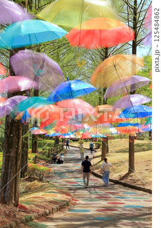 風に揺れるスカイアンブレラの下を歩く人達 125484862
