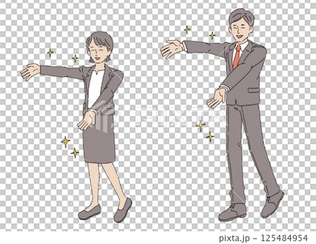 両手を広げて楽しそうなスーツ姿の男性と女性 125484954