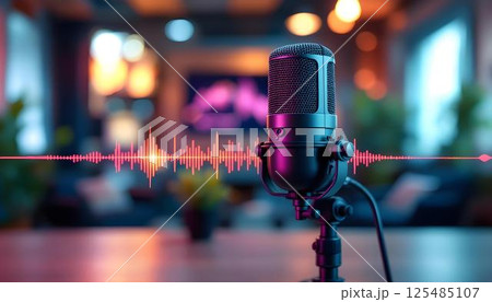 A microphone with sound waves, showcasing a podcast room in the background 125485107