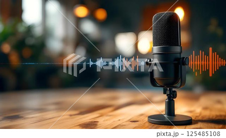 A microphone surrounded by sound waves, featuring a podcast studio in the background 125485108