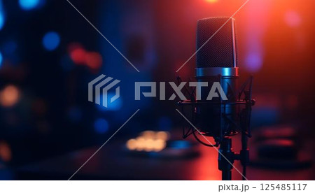 A microphone on a table in front of a couch, prepared for an engaging podcast session 125485117