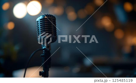 A microphone positioned on a table, set for a podcast discussion, with a couch nearby 125485119