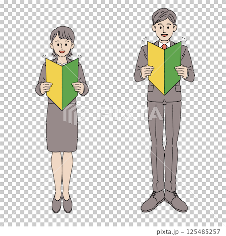 A man and a woman in suits holding up a beginner's mark A man and a woman in suits holding up a beginner's mark 125485257