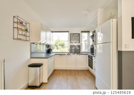 A sleek, contemporary kitchen featuring white cabinets, stainless steel appliances, and a seamless layout, illuminated by natural light streaming through large windows. A sleek, contemporary kitchen featuring white cabinets, stainless steel appliances, and a seamless layout, illuminated by natural light streaming through large windows. 125485619
