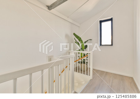 A bright modern interior showcasing a stylish staircase and a potted plant, complemented by ample natural light streaming through a window. A bright modern interior showcasing a stylish staircase and a potted plant, complemented by ample natural light streaming through a window. 125485886