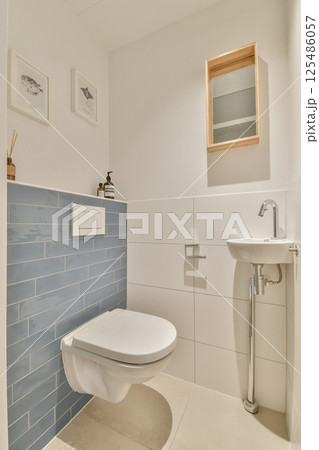 Sleek and contemporary bathroom featuring a minimalist toilet, stylish wall decor, and a compact washbasin, offering a fresh and clean aesthetic. Sleek and contemporary bathroom featuring a minimalist toilet, stylish wall decor, and a compact washbasin, offering a fresh and clean aesthetic. 125486057