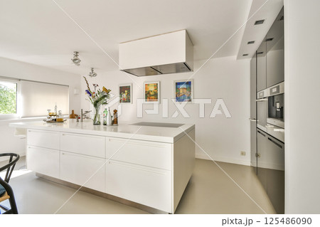 A sleek and contemporary kitchen featuring clean lines, a spacious island, and stylish decor elements. The bright space emphasizes functionality and aesthetics. 125486090