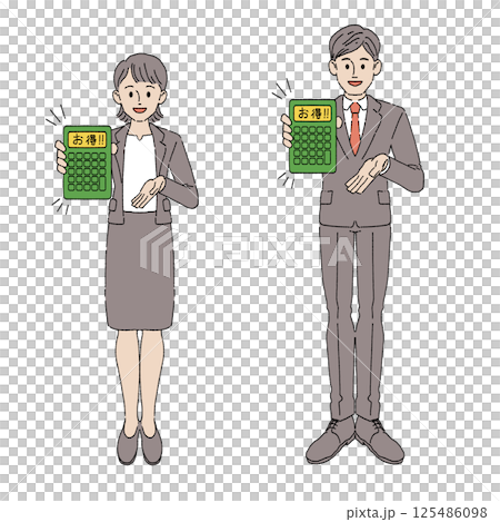 A man and a woman in suits holding a calculator A man and a woman in suits holding a calculator 125486098