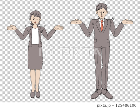 一位身穿西裝的男士和一位女士舉起雙手擺姿勢 125486100