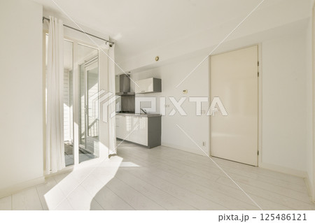 A spacious, minimally furnished room featuring a modern kitchen and large windows that allow natural light to flood the space. The design emphasizes simplicity and elegance. A spacious, minimally furnished room featuring a modern kitchen and large windows that allow natural light to flood the space. The design emphasizes simplicity and elegance. 125486121