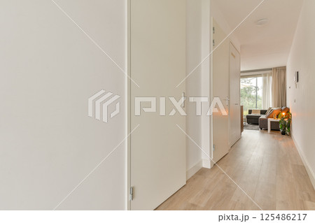 A spacious modern hallway featuring light wood flooring, minimalist design, and natural light streaming through large windows, creating an inviting atmosphere. 125486217