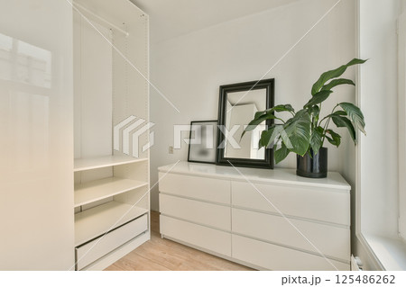 Bright and airy interior showcasing a minimalist dresser, mirror, and lush green plant, emphasizing simplicity and elegance in home decor. Bright and airy interior showcasing a minimalist dresser, mirror, and lush green plant, emphasizing simplicity and elegance in home decor. 125486262