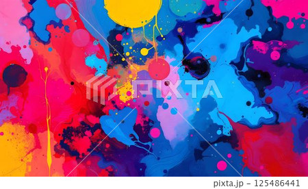 Colorful abstract fluid artwork showcasing an array of paint splatters in a lively composition 125486441