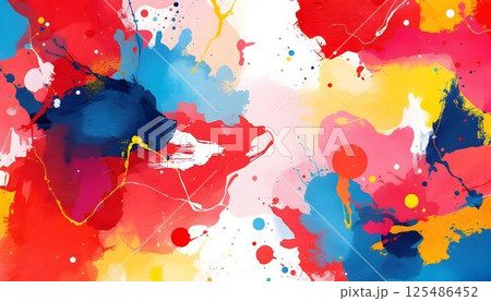 Colorful paint splatters in an abstract fluid style, set against a black background, showcasing dynamic movement and energy 125486452