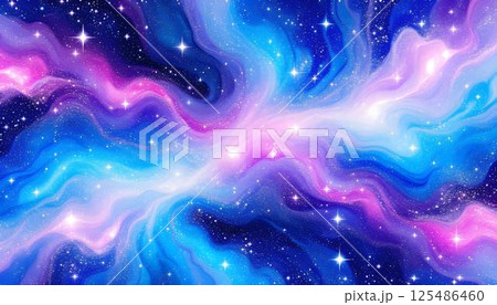 A vibrant abstract fluid galaxy background filled with twinkling stars in various colors 125486460