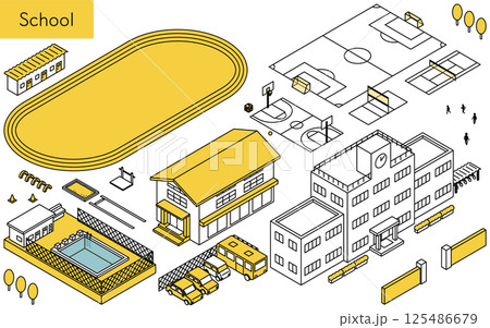 学校の校舎や運動場、スポーツ施設に使えるシンプルな線画のアイソメトリックイラストセット 学校の校舎や運動場、スポーツ施設に使えるシンプルな線画のアイソメトリックイラストセット 125486679