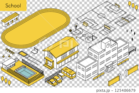 学校の校舎や運動場、スポーツ施設に使えるシンプルな線画のアイソメトリックイラストセット 学校の校舎や運動場、スポーツ施設に使えるシンプルな線画のアイソメトリックイラストセット 125486679