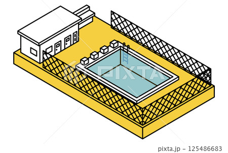 フェンスで囲まれた屋外にある学校のプール(更衣室つき)のシンプルな線画のアイソメトリックイラスト フェンスで囲まれた屋外にある学校のプール(更衣室つき)のシンプルな線画のアイソメトリックイラスト 125486683