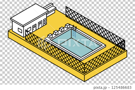 フェンスで囲まれた屋外にある学校のプール(更衣室つき)のシンプルな線画のアイソメトリックイラスト フェンスで囲まれた屋外にある学校のプール(更衣室つき)のシンプルな線画のアイソメトリックイラスト 125486683