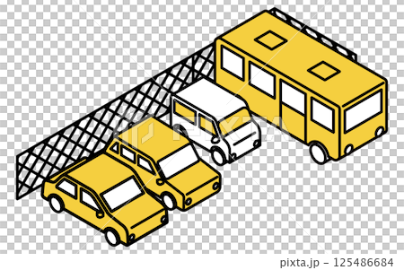 フェンスのある駐車場とバスや車(セダン・軽ワゴン)のシンプルな線画のアイソメトリックイラスト フェンスのある駐車場とバスや車(セダン・軽ワゴン)のシンプルな線画のアイソメトリックイラスト 125486684