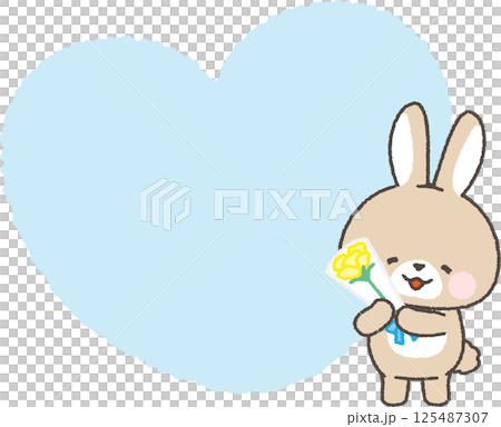 Brown rabbit holding a bouquet of yellow roses and a heart frame 125487307