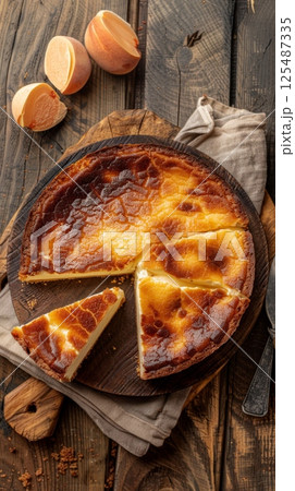 Basque burnt cheesecake bread snack dessert story background 125487335