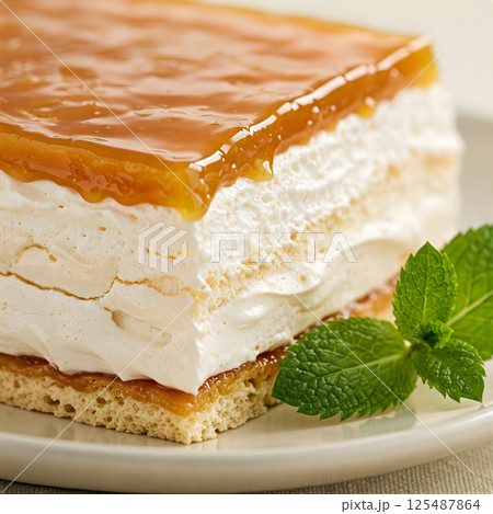 A slice of layered cake with a caramel topping and mint leaves rests on a light plate 125487864