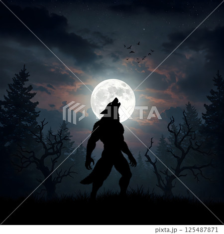 Silhouetted werewolf howling at the full moon in a spooky forest 125487871