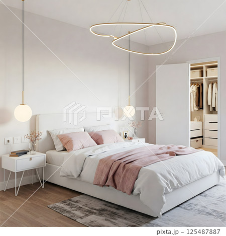 Bright bedroom with white furniture and soft pink accents Bright bedroom with white furniture and soft pink accents 125487887