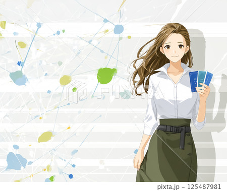 ポップなホロスコープ背景の前に立つタロットカードを持った若い女性のイメージ素材 125487981