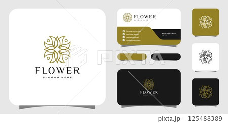 Flower mono line luxury logo with business card design Flower mono line luxury logo with business card design 125488389
