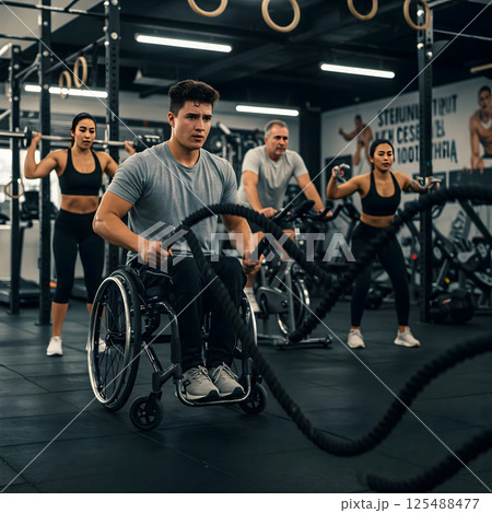 Focused young man in a wheelchair uses battle ropes at an inclusive gym 125488477