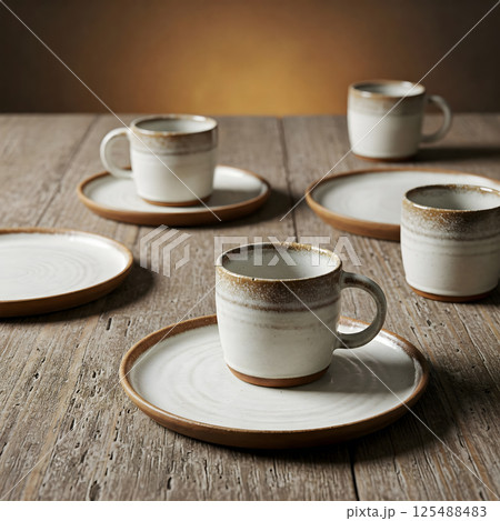 Six white and brown ceramic coffee cups and saucers on a wooden surface 125488483