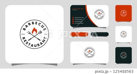 barbecue with fork and fire flame logo and business card 125488563