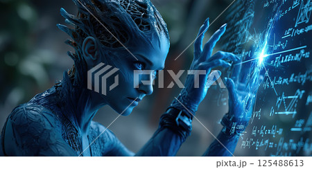 Futuristic AI simulation entity analyzing holographic mathematical display 125488613