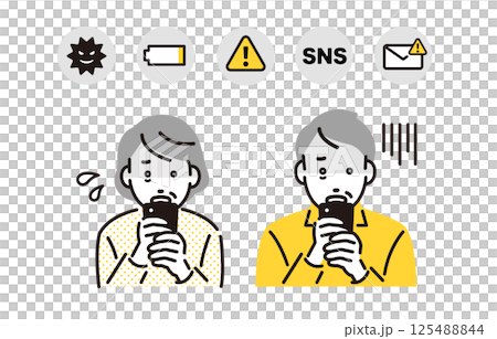 Senior men and women having trouble looking at their smartphone screens 125488844