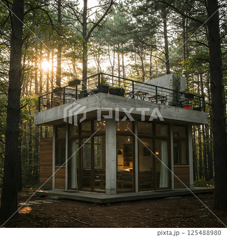 A modern concrete and wood cabin with a rooftop terrace is bathed in the warm glow of the setting sun through tall trees 125488980