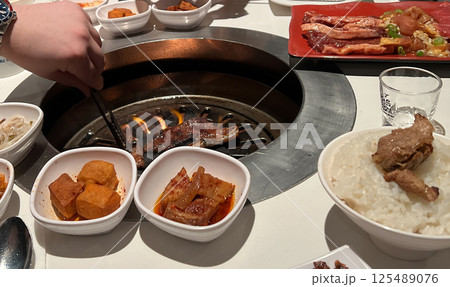 Korean traditional food, Kimchi and steamed pork with rice 125489076