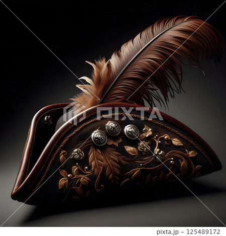 An ornate, feathered tricorne hat with intricate gold embroidery on a dark background 125489172