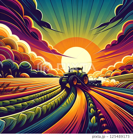 A green tractor plows colorful fields under a vibrant sunset 125489173