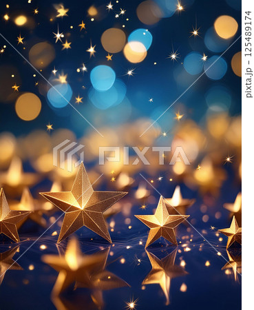 Golden stars sparkle and shine against a backdrop of twinkling lights 125489174