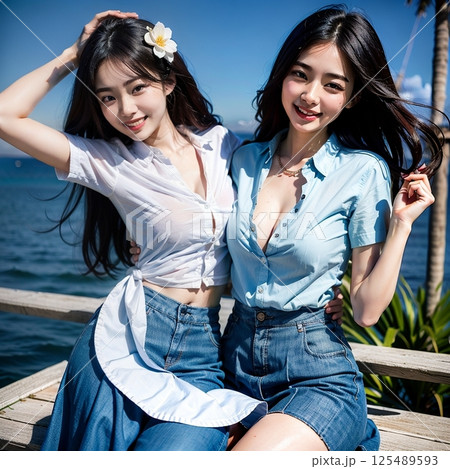 海辺で自撮りをする2人の女性 125489593