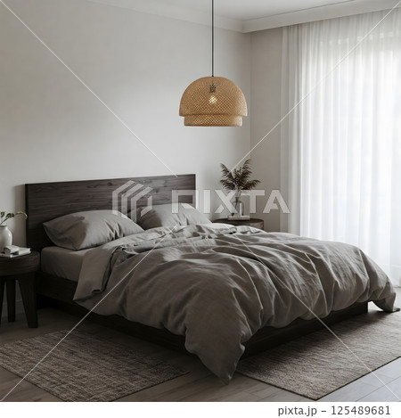 Cozy bedroom with a woven pendant light, wooden bed frame, soft gray linens, and sheer white curtains filtering natural light 125489681