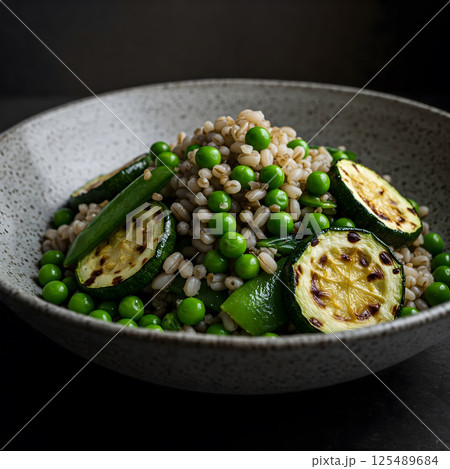 Barley salad with bright green peas and grilled zucchini slices in a speckled ceramic bowl, dark background 125489684