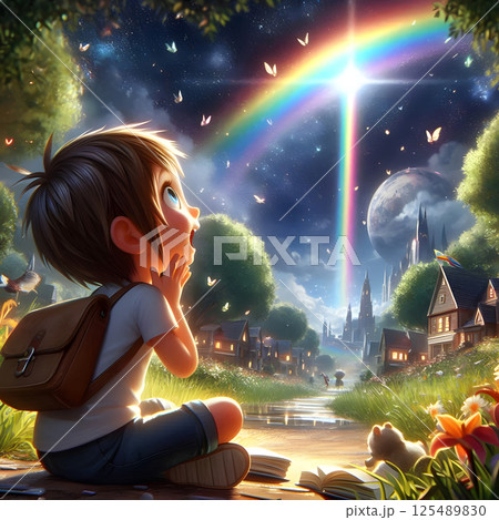 A young boy with a backpack sits in wonder, gazing at a magical rainbow arching over a whimsical town A young boy with a backpack sits in wonder, gazing at a magical rainbow arching over a whimsical town 125489830