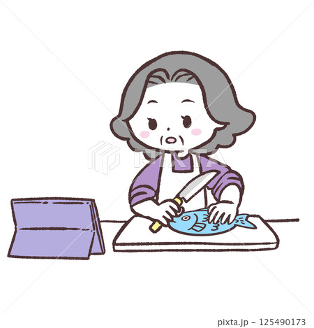 動画を見ながら魚を料理するシニア女性イラスト 125490173