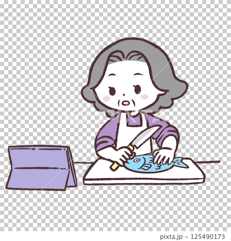 動画を見ながら魚を料理するシニア女性イラスト 125490173